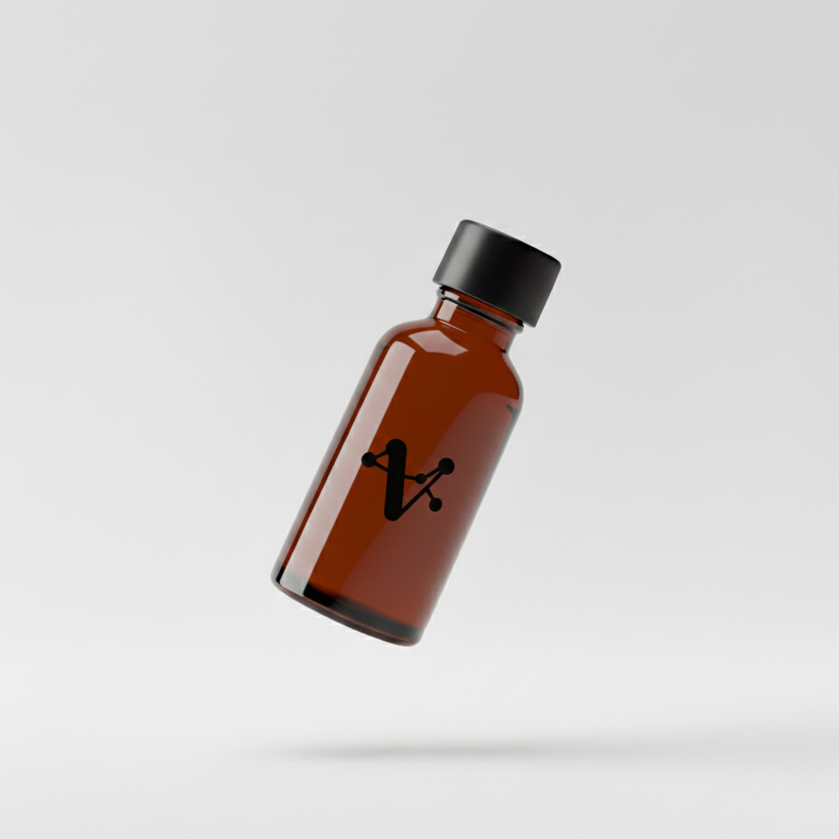 Brown bottle with black cap on a light gray background